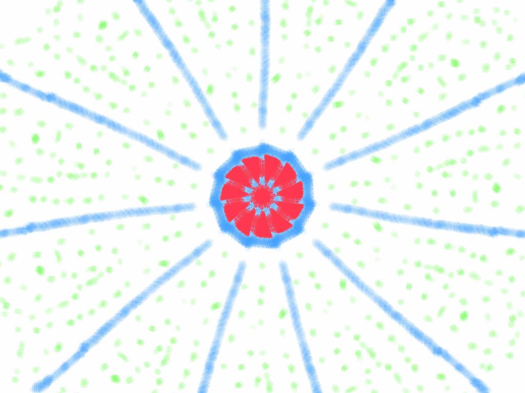 Mandala in Rot mit grünen Punkten und blauen Streifen